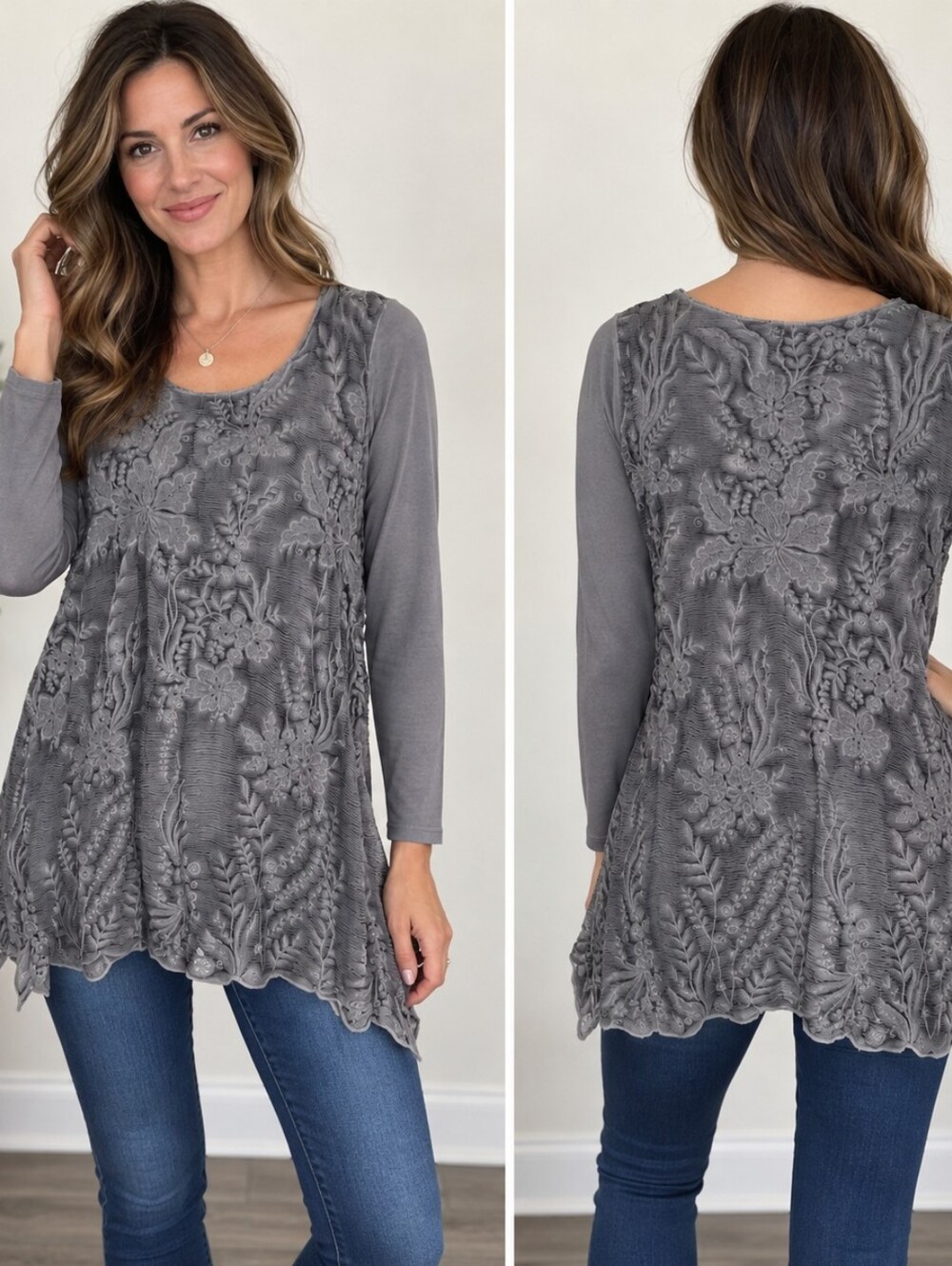 Soft Surroundings 2FP71 Gray 100% Silk Embroidered Boho Tunic Top S